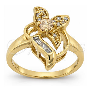 Anillo Multi Piedra 5.172.025.08 Oro Laminado, Diseño de Flor y Baguette, con Zirconia Cubica Chanpan Oscuro y Blanca, Pulido, Tono Dorado (Tamaño 8)