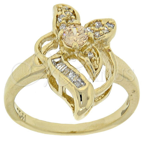 Anillo Multi Piedra 5.172.025.09 Oro Laminado, Diseño de Flor y Baguette, con Chanpan Oscuro and Blanca Zirconia Cubica, Pulido, Tono Dorado (Size 9)
