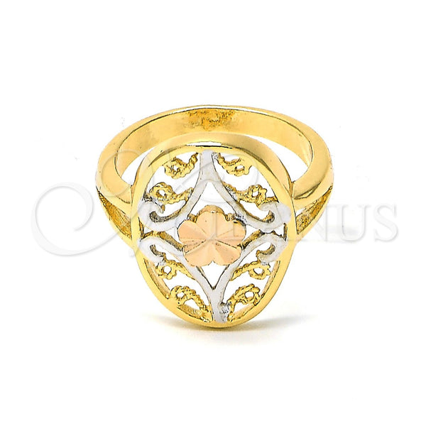 Anillo Elegante 5.175.009.09 Oro Laminado, Diseño de Flor y File, Diamantado, Tres Tonos (Size 9)