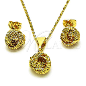 Juego de Arete y Dije de Adulto 10.63.0522 Oro Laminado, Diseño de Nudo y Torcido, Diamantado, Tono Dorado