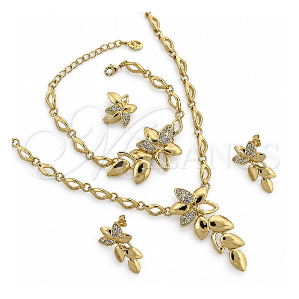 Collar, Pulsera, Dije y Anillo 06.191.0016 Oro Laminado, Diseño de Flor, con Cristal Blanca, Pulido, Tono Dorado