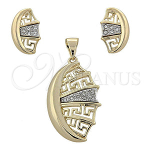 Juego de Arete y Dije de Adulto 10.91.0124 Oro Laminado, Diseño de Llave Griega, con Blanca Cristal, Pulido, Dos Tonos