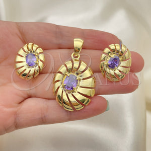 Juego de Arete y Dije de Adulto 5.046.004.4 Oro Laminado, con Amatista Zirconia Cubica, Pulido, Tono Dorado