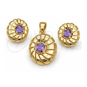 Juego de Arete y Dije de Adulto 5.046.004.4 Oro Laminado, con Zirconia Cubica Amatista, Pulido, Tono Dorado