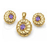 Juego de Arete y Dije de Adulto 5.046.004.4 Oro Laminado, con Zirconia Cubica Amatista, Pulido, Tono Dorado