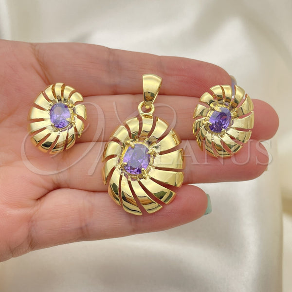 Juego de Arete y Dije de Adulto 5.046.004.4 Oro Laminado, con Amatista Zirconia Cubica, Pulido, Tono Dorado