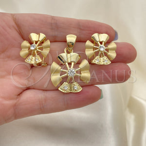 Juego de Arete y Dije de Adulto 10.59.0089 Oro Laminado, Diseño de Flor, con Blanca Cristal, Mate, Tono Dorado