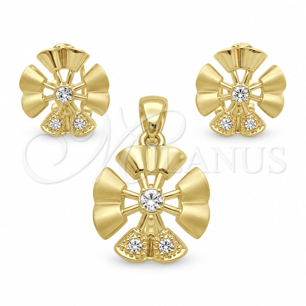 Juego de Arete y Dije de Adulto 10.59.0089 Oro Laminado, Diseño de Flor, con Blanca Cristal, Mate, Tono Dorado