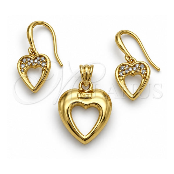 Juego de Arete y Dije de Adulto 10.59.0109 Oro Laminado, Diseño de Corazón, con Cristal Blanca, Pulido, Tono Dorado