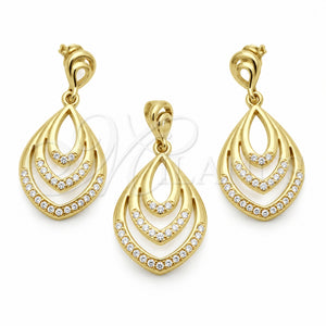 Juego de Arete y Dije de Adulto 10.59.0108 Oro Laminado, Diseño de Gota, con Blanca Cristal, Pulido, Tono Dorado