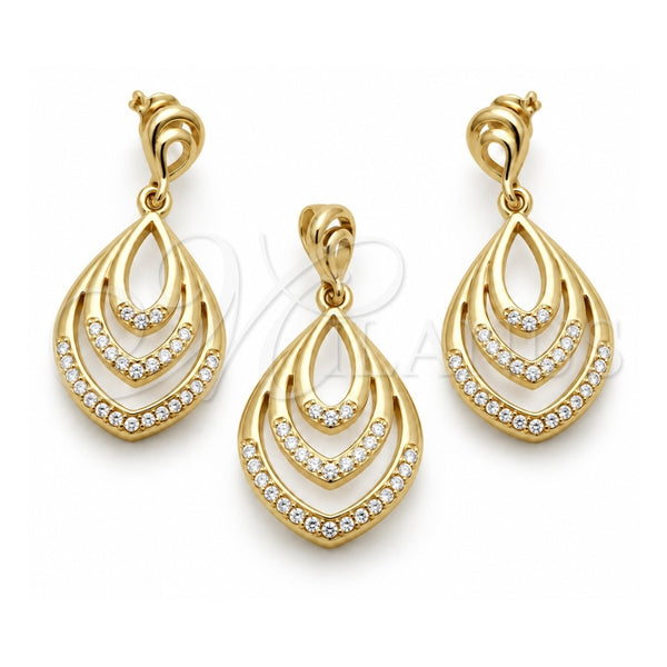 Juego de Arete y Dije de Adulto 10.59.0108 Oro Laminado, Diseño de Gota, con Cristal Blanca, Pulido, Tono Dorado