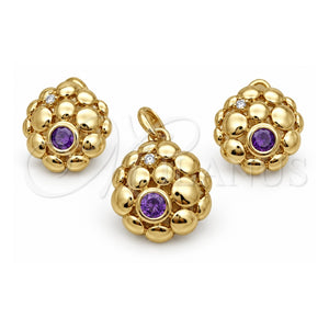 Juego de Arete y Dije de Adulto 10.59.0104 Oro Laminado, con Cristal Amatista y Blanca, Pulido, Tono Dorado