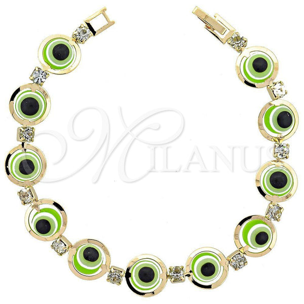 Pulsera Elegante 03.151.0001 Oro Laminado, Diseño de Ojo Griego, con Blanca Zirconia Cubica, Resinado Verde, Tono Dorado (7 Inches Length)