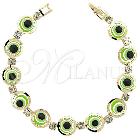 Pulsera Elegante 03.151.0001 Oro Laminado, Diseño de Ojo Griego, con Blanca Zirconia Cubica, Resinado Verde, Tono Dorado (7 Inches Length)
