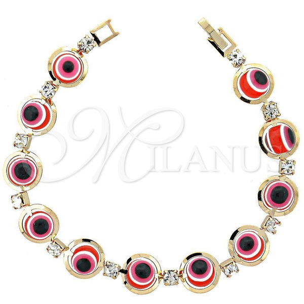 Pulsera Elegante 03.151.0003 Oro Laminado, Diseño de Ojo Griego, con Blanca Zirconia Cubica, Resinado Rojo, Tono Dorado (7 Inches Length)