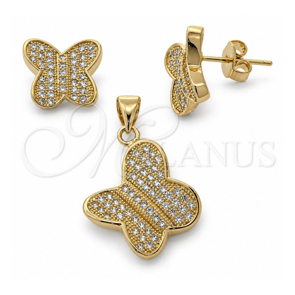 Juego de Arete y Dije de Adulto 10.166.0003 Oro Laminado, Diseño de Mariposa, con Micro Pave Blanca, Pulido, Tono Dorado