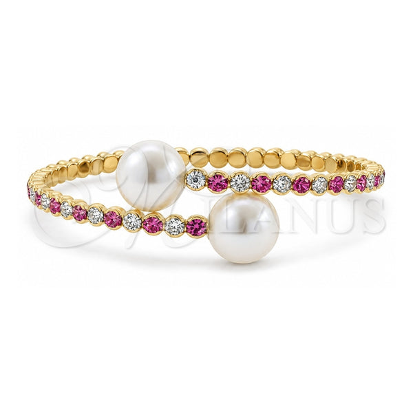 Aro Individual 07.63.0145 Oro Laminado, Diseño de Bola, con Cristal Fucsia y Perla Blanca, Pulido, Tono Dorado (Grosor 03 MM, Talla Unica)
