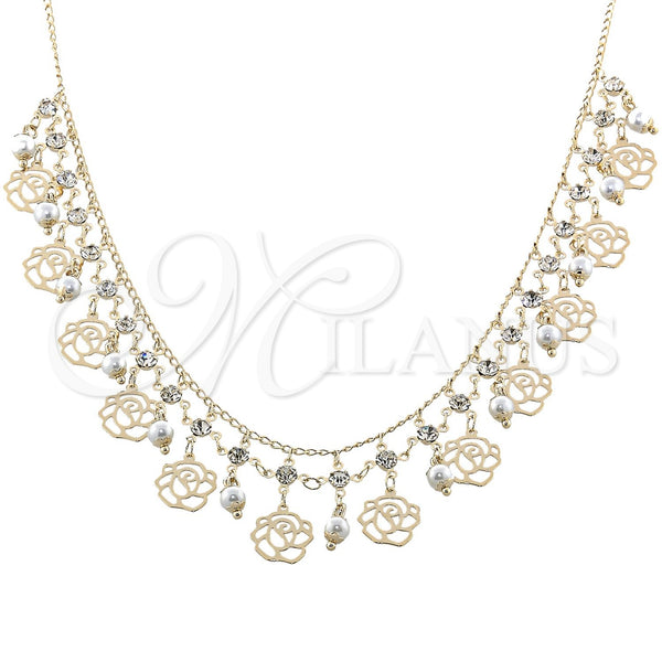 Gargantilla Elegante 04.105.0012 Oro Laminado, Diseño de Bola y Flor, con Blanca Zirconia Cubica and Gris Perla, Pulido, Tono Dorado (18 Inches Length)