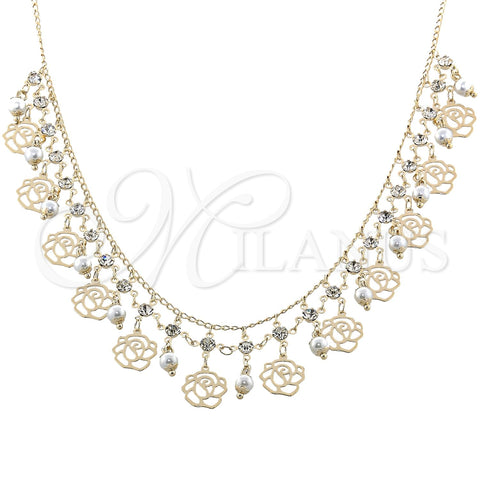 Gargantilla Elegante 04.105.0012 Oro Laminado, Diseño de Bola y Flor, con Blanca Zirconia Cubica and Gris Perla, Pulido, Tono Dorado (18 Inches Length)