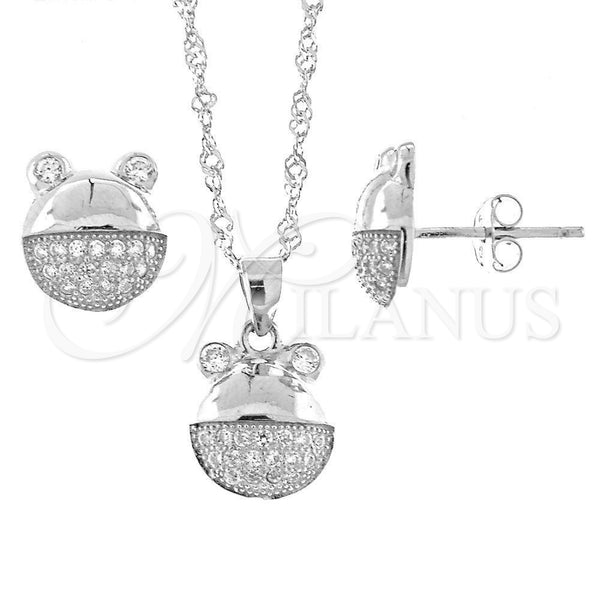 Juego de Arete y Dije de Adulto 10.174.0047 Plata Rodinada, Diseño de Osito, con Blanca Micro Pave, Pulido, Rodinado