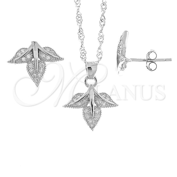 Juego de Arete y Dije de Adulto 10.174.0049 Plata Rodinada, Diseño de Oja, con Blanca Micro Pave, Pulido, Rodinado