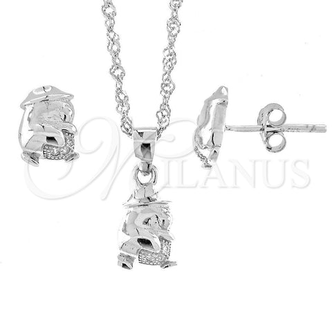 Juego de Arete y Dije de Adulto 10.174.0063 Plata Rodinada, con Micro Pave Blanca, Pulido, Rodinado