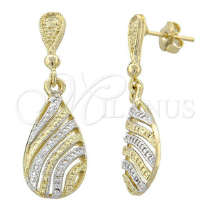 Arete Colgante 02.55.0014 Oro Laminado, Diseño de Gota, Diamantado, Dos Tonos