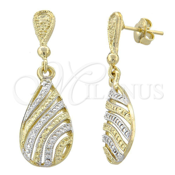 Arete Colgante 02.55.0014 Oro Laminado, Diseño de Gota, Diamantado, Dos Tonos