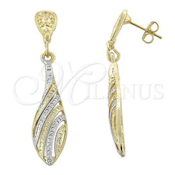 Arete Colgante 02.55.0015 Oro Laminado, Diseño de Gota, Diamantado, Dos Tonos