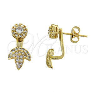 Arete Dormilona 02.199.0003 Oro Laminado, Diseño de Flor y Oja, con Blanca Micro Pave, Pulido, Tono Dorado
