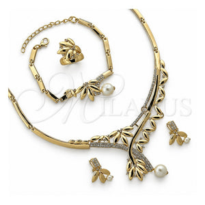Collar, Pulsera, Dije y Anillo 06.191.0058 Oro Laminado, Diseño de Oja, con Cristal Blanca, Pulido, Tono Dorado