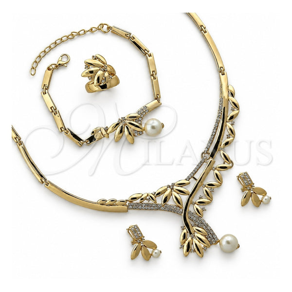 Collar, Pulsera, Dije y Anillo 06.191.0058 Oro Laminado, Diseño de Oja, con Cristal Blanca, Pulido, Tono Dorado