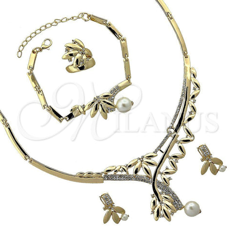 Collar, Pulsera, Dije y Anillo 06.191.0058 Oro Laminado, Diseño de Oja, con Blanca Cristal, Pulido, Tono Dorado