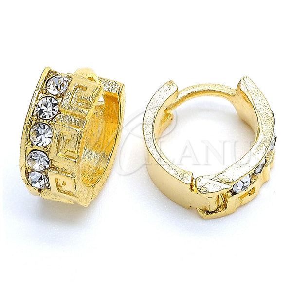 Argolla Huggie 02.164.0029 Oro Laminado, Diseño de Llave Griega, con Blanca Cristal, Diamantado, Tono Dorado