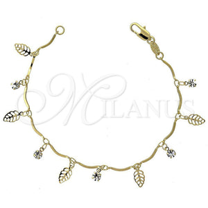 Pulsera de Dije 03.63.0204.07 Oro Laminado, Diseño de Oja, con Blanca Zirconia Cubica, Pulido, Tono Dorado (03 MM Thickness, 7 Inches Length)