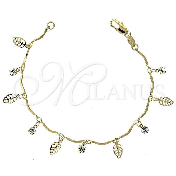 Pulsera de Dije 03.63.0204.07 Oro Laminado, Diseño de Oja, con Blanca Zirconia Cubica, Pulido, Tono Dorado (03 MM Thickness, 7 Inches Length)