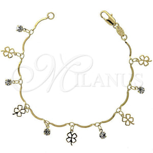 Pulsera de Dije 03.63.0205.07 Oro Laminado, Diseño de Trébol de Cuatro Hojas, con Blanca Zirconia Cubica, Pulido, Tono Dorado (02 MM Thickness, 7 Inches Length)