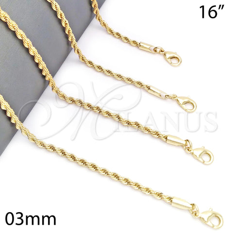 Gargantilla Basica 5.222.035.16 Oro Laminado, Diseño de Rope, Pulido, Tono Dorado (03 MM Thickness, 16 Inches Length)