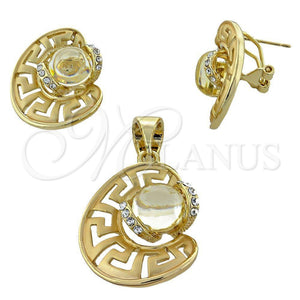 Juego de Arete y Dije de Adulto 10.91.0088.1 Oro Laminado, Diseño de Llave Griega y Bola, con Amarillo Claro Opal and Blanca Cristal, Mate, Tono Dorado