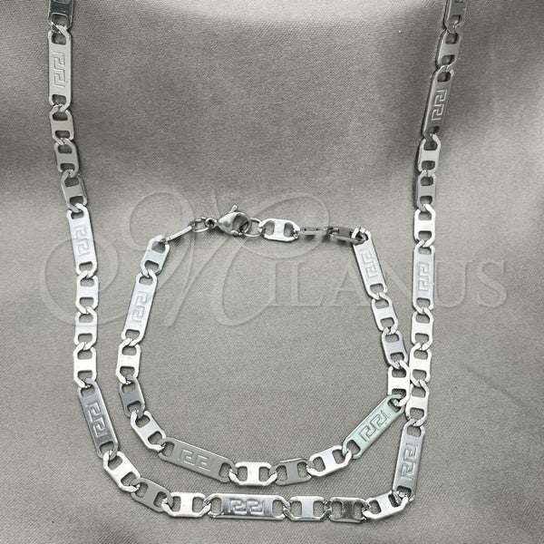 Collar y Pulsera 04.113.0046.24 Acero Inoxidable, Diseño de Llave Griega, Diamantado, Tono Plateado