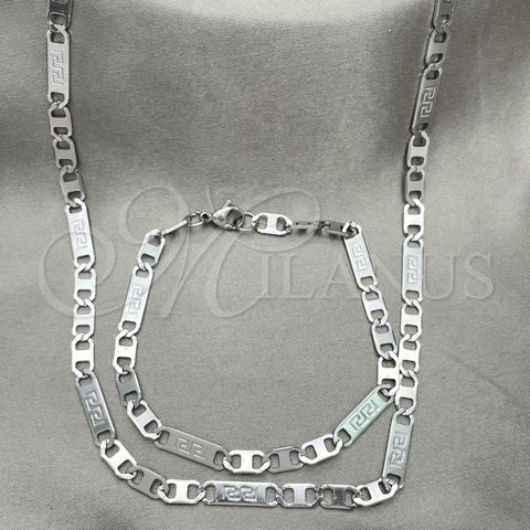 Collar y Pulsera 04.113.0046.24 Acero Inoxidable, Diseño de Llave Griega, Diamantado, Tono Plateado