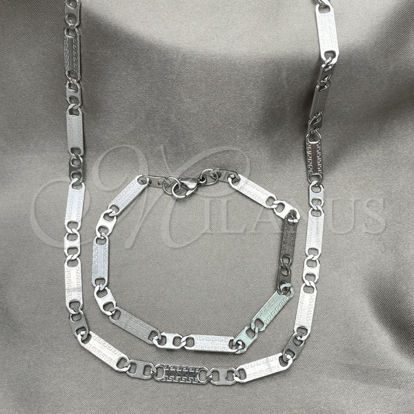 Collar y Pulsera 04.113.0042.24 Acero Inoxidable, Diseño de Llave Griega, Diamantado, Tono Plateado