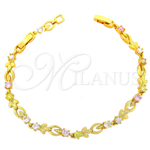 Pulsera Elegante 03.60.0020 Oro Laminado, Diseño de Oja y Flor, con Multicolor Zirconia Cubica, Diamantado, Tono Dorado (8 Inches Length)