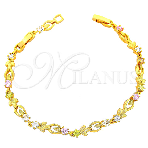 Pulsera Elegante 03.60.0020 Oro Laminado, Diseño de Oja y Flor, con Multicolor Zirconia Cubica, Diamantado, Tono Dorado (8 Inches Length)