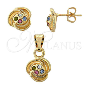 Juego de Arete y Dije de Adulto 10.150.0045 Oro Laminado, Diseño de Flor, con Blanca Cristal, Pulido, Tono Dorado