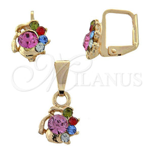 Juego de Arete y Dije de Adulto 10.150.0041 Oro Laminado, Diseño de Flor, con Blanca Cristal, Pulido, Tono Dorado