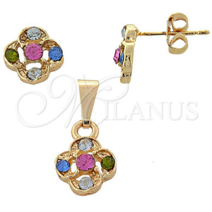 Juego de Arete y Dije de Adulto 10.150.0040 Oro Laminado, Diseño de Flor, con Blanca Cristal, Pulido, Tono Dorado