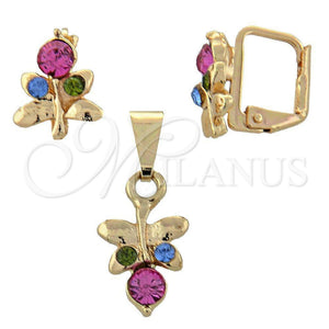 Juego de Arete y Dije de Adulto 10.150.0042 Oro Laminado, Diseño de Mariposa, con Blanca Cristal, Pulido, Tono Dorado