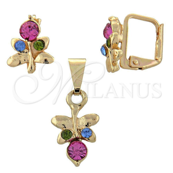 Juego de Arete y Dije de Adulto 10.150.0042 Oro Laminado, Diseño de Mariposa, con Blanca Cristal, Pulido, Tono Dorado