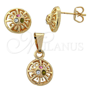 Juego de Arete y Dije de Adulto 10.150.0032.1 Oro Laminado, con Multicolor Cristal, Pulido, Tono Dorado